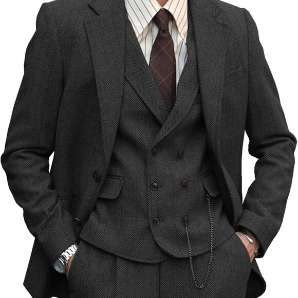Black Slim Fit 3 Piece Herringbone Suit - Ideal for Weddings and Formal Events - Picture 1 of 7